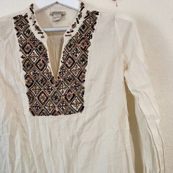 Lucky Brand Womens Beaded Embellished Long Sleeve Top Small Ivory Split Neck - Picture 2 of 10